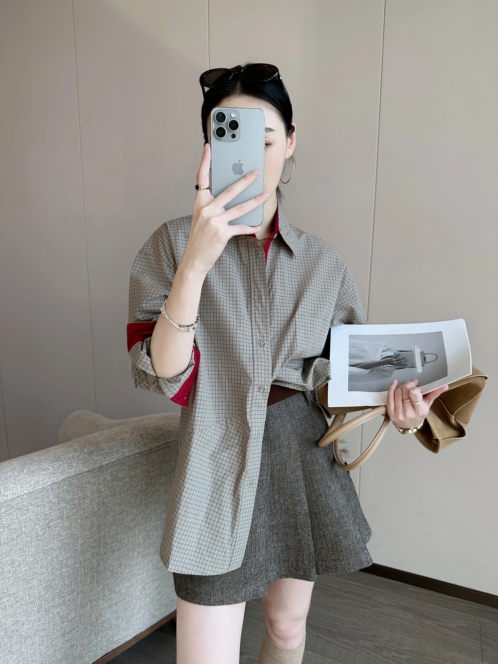 

Vintage Plaid Long Sve Loose Fit Women's irt Spring 2026 Color Blo Collared Top Faionable Breathable Casual Wear