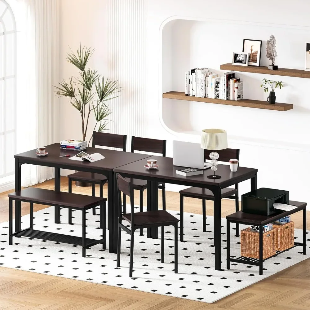 Dining Table Set for 4, Small Kitchen Table and Chairs for Space Saving, 1 Bench with Storage and 2 Chairs with Backrest