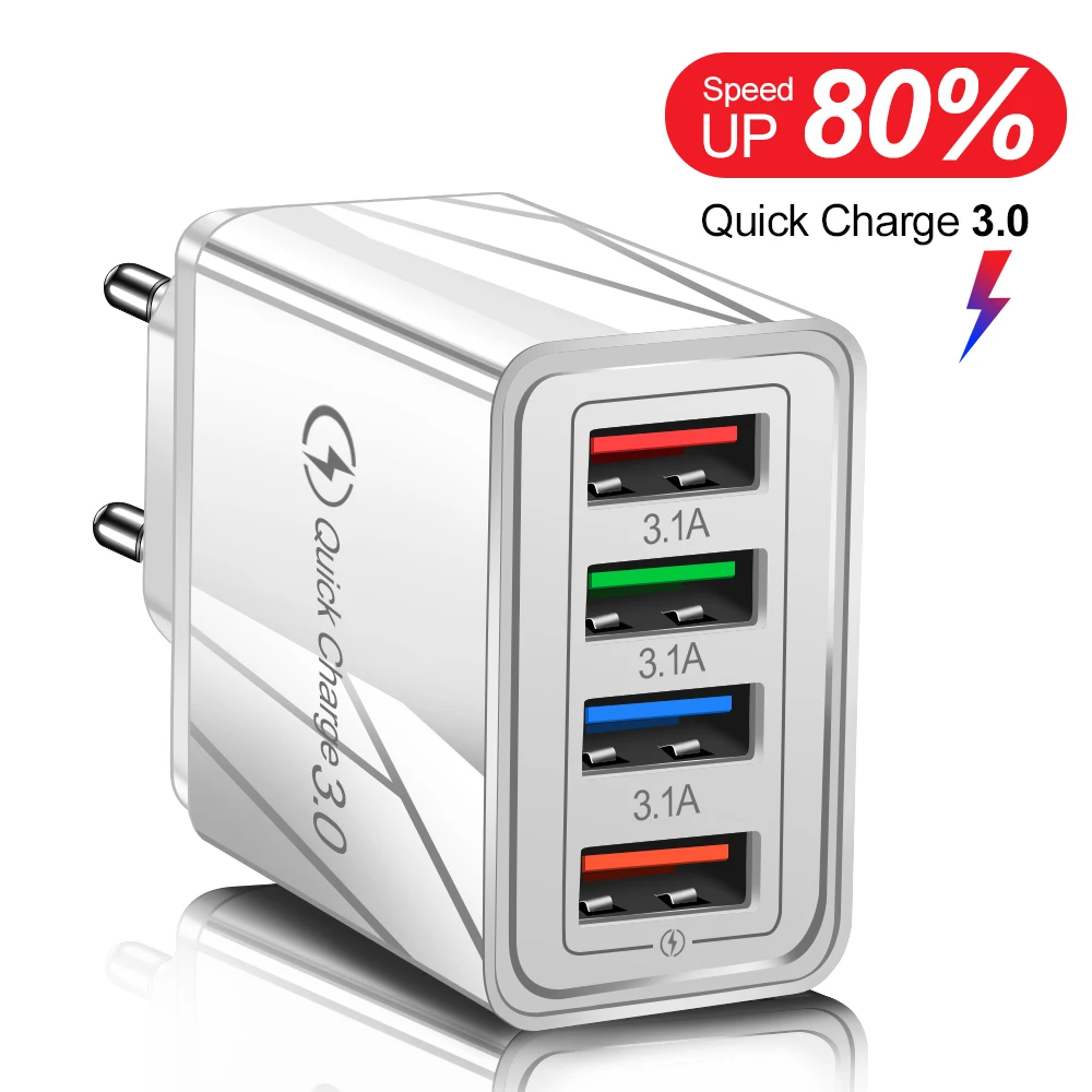 3.1A Fast Charger 4 Ports USB-A Mobile Phone Charger USB Wall Adapter Quick Charge 3.0 EU/US Plug for Oneplus Samsung Xiaomi 17