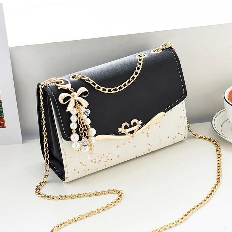 Bow Pearl Tassel Pendant Flap Crossbody Bags Metal Chain Shoulder Bag for Women Pu Leather Colorblock Casual Travel Square Bag