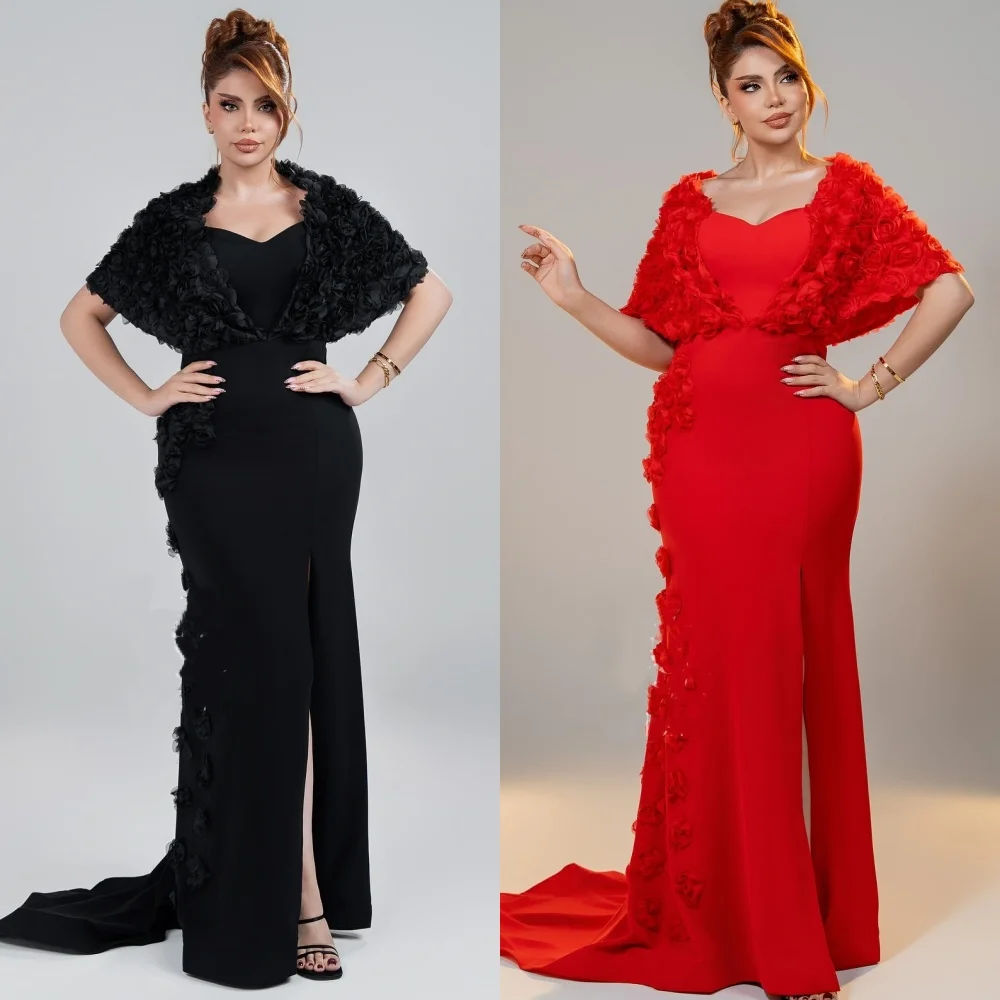 Maßgeschneiderte, hochwertige, modische Jersey-Kleider mit handgefertigten Blumenfalten, Meerjungfrau, schulterfrei, lange Kleider, maßgeschneiderte Anlasskleider, sexy