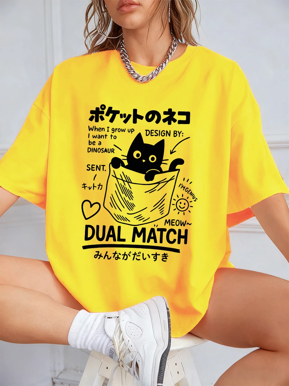 

Женская футболка в японском стиле с карманом и принтом кошки, мягкая и удобная футболка с круглым вырезом для лета, повседневная футболка с короткими рукавами