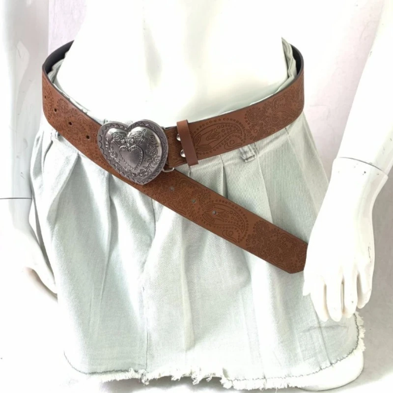 Vintage Elegant Brown Special Texture Premium Feel Heart-shaped Belt Simple Versatile Sweet Cool Spicy Girl Love Luxury Belts