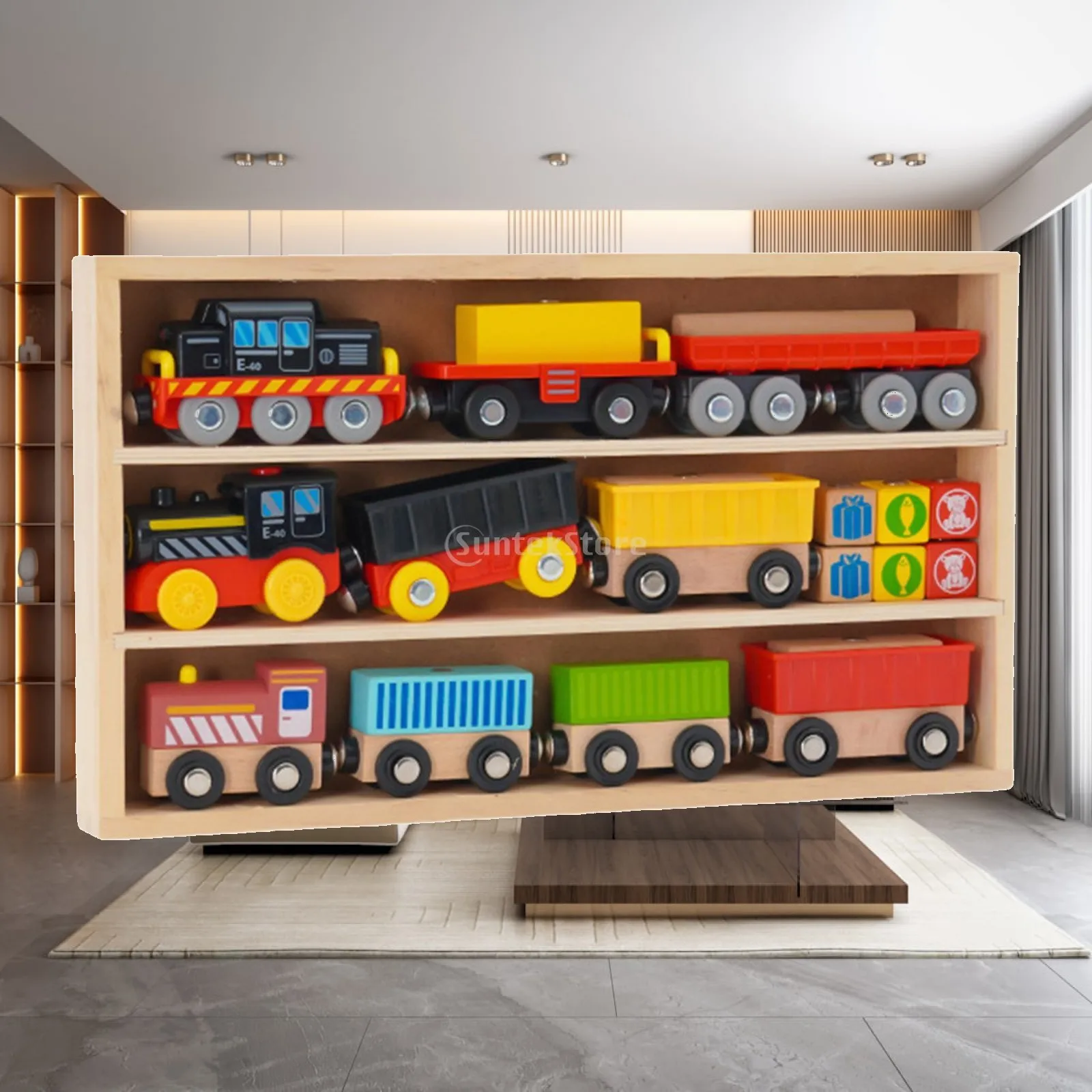Wooden Train Set Building Blocks Stacking Cars Toy for Boys Girls Kids Age 4 5 6 7 Educational Interactive Playset with Storage