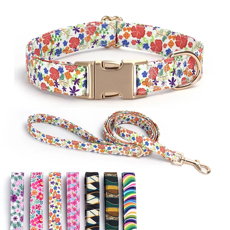 

Floral Print Dog Collar and Leash Set Adjustable Soft Nylon Pet Collar with Metal Buckle Dog Lead for Daily Walking Training