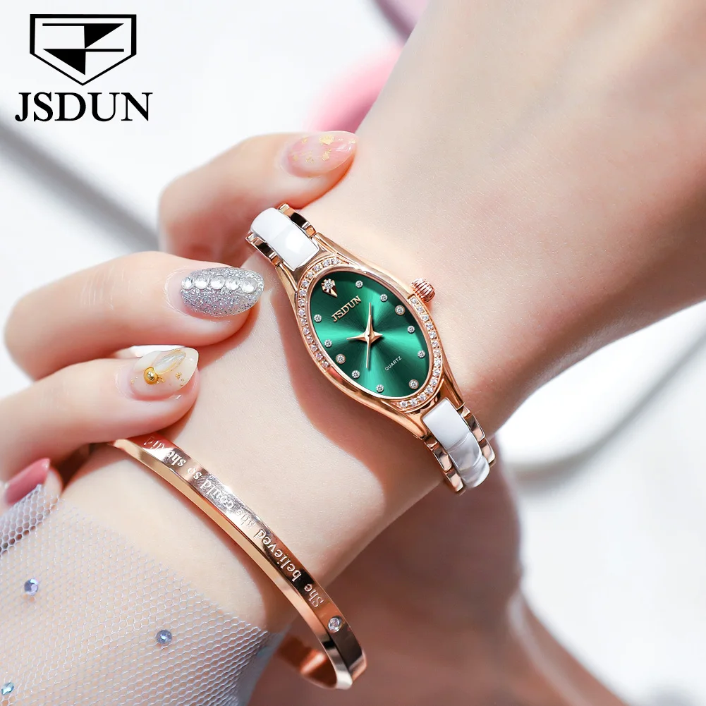 JSDUN 8842 Quartz Women Watch Luxury Diamond Scale Simple Waterproof Watch For Women Ceramic Steel Strap Ladies Dress Wristwatch