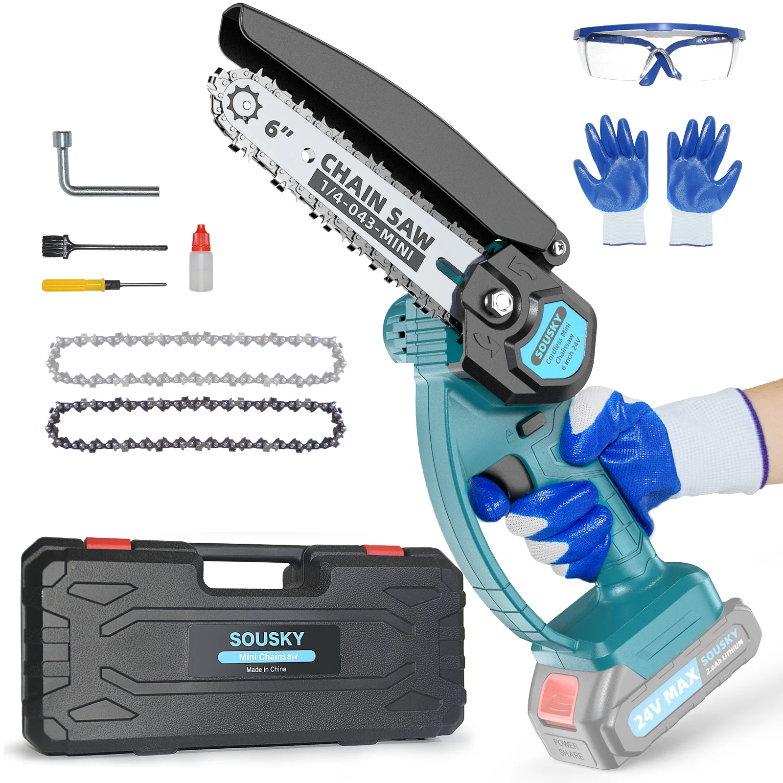6 Inch Cordless Electric Chainsaw Rechargeable Handheld Power Tool for Woodworking Garden Pruning Trees - No Battery Included
