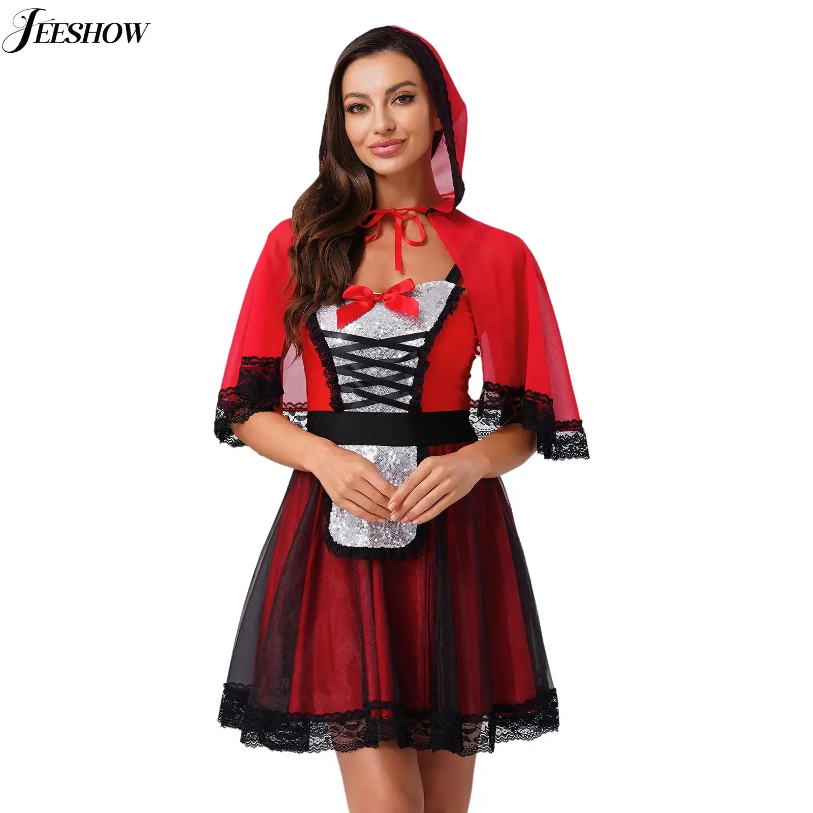 

Womens Bloody Bride Costume Shiny Sequin Patchwork Tulle Overlay Sleeveless Mini Dress with Hooded Cape for Halloween Party