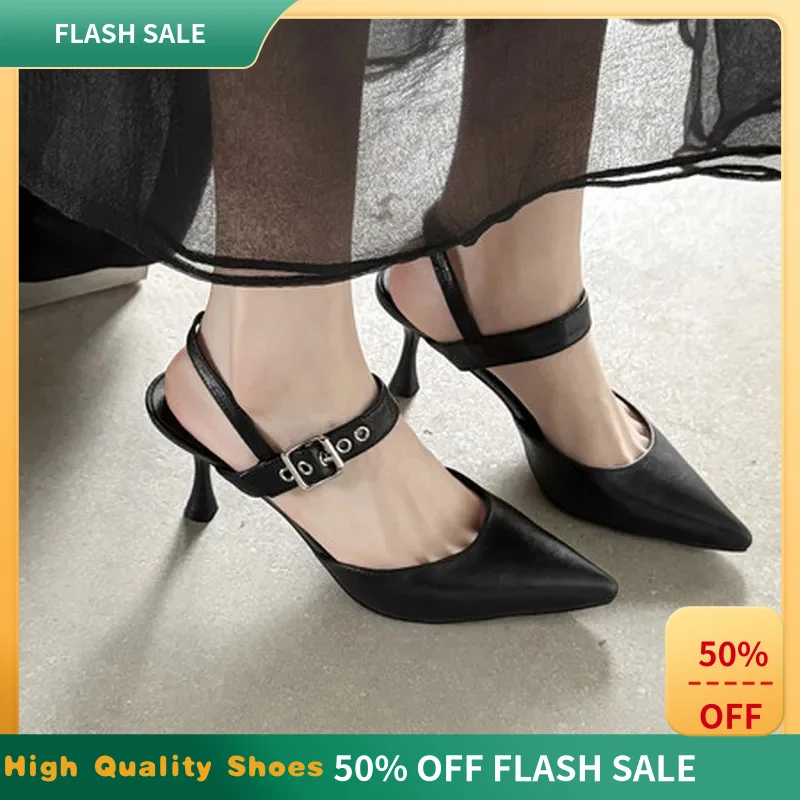 Women Genuine Leather Slingback Pumps Pointed Toe Stiletto Heel 7.5cm Buckle Strap Comfortable Summer Elegant Party Sandals  F68