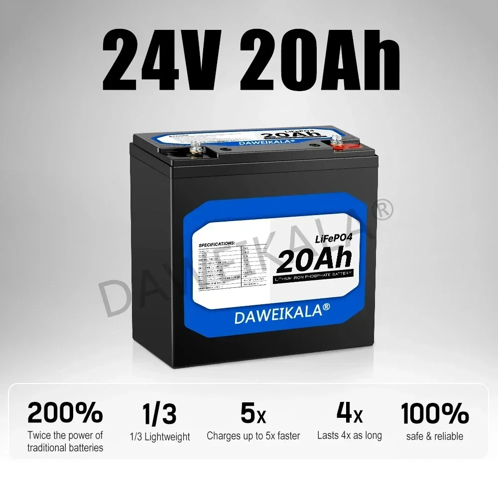 24V LiFePO4 20Ah Lithium Iron Phosphate Battery Built-in BMS LiFePO4 Battery for Solar Power System RV House Trolling Motor