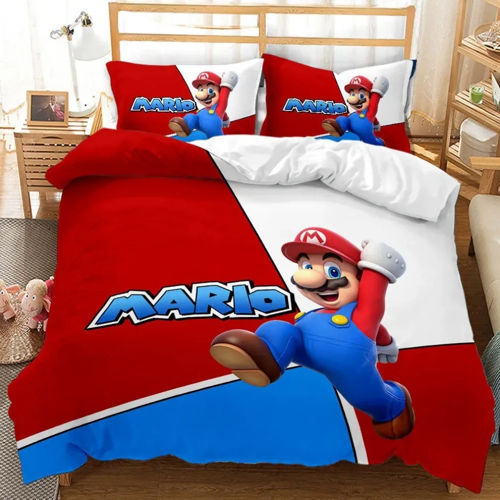 Game Super Mario Bedding Set,Cartoon Mario Print Duvet Cover Pillowcases Adult and Children Bedding Set Luxury Birthday Gift