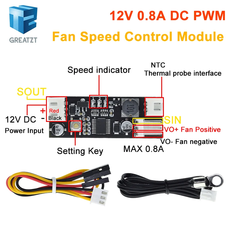 GREATZT Single 12V 0.8A DC PWM 2-3 Wire Fan Temperature Control Speed Controller Chassis Computer Noise Reduction Module