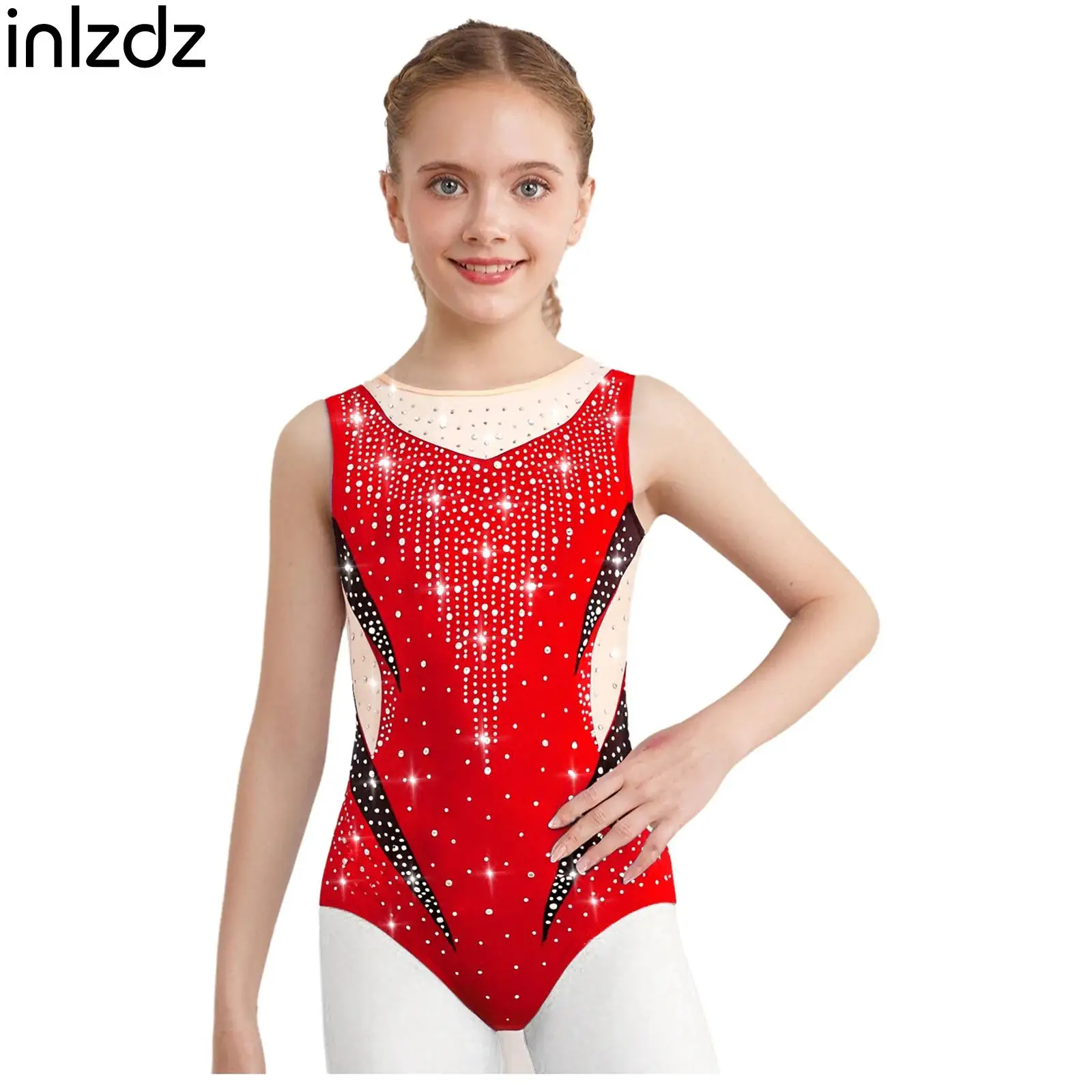 

Kids Girl Rhythmic Gymnastics Dance Leotard Ballerina Costume Sleeveless Fashion Rhinestones Mesh Bodysuit Skating Dance Clothes
