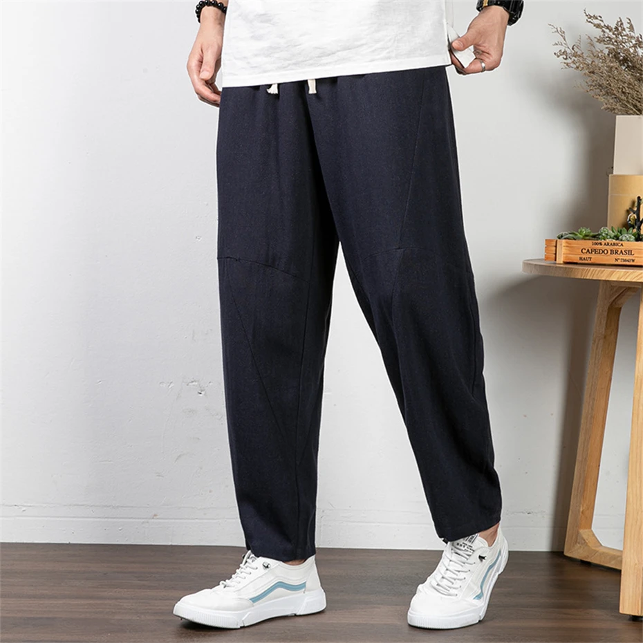Solid Color Linen Pants Men 9XL Plus Size Pants Fashion Casual Pencil Pants Male Linen Trousers Big Size 9XL