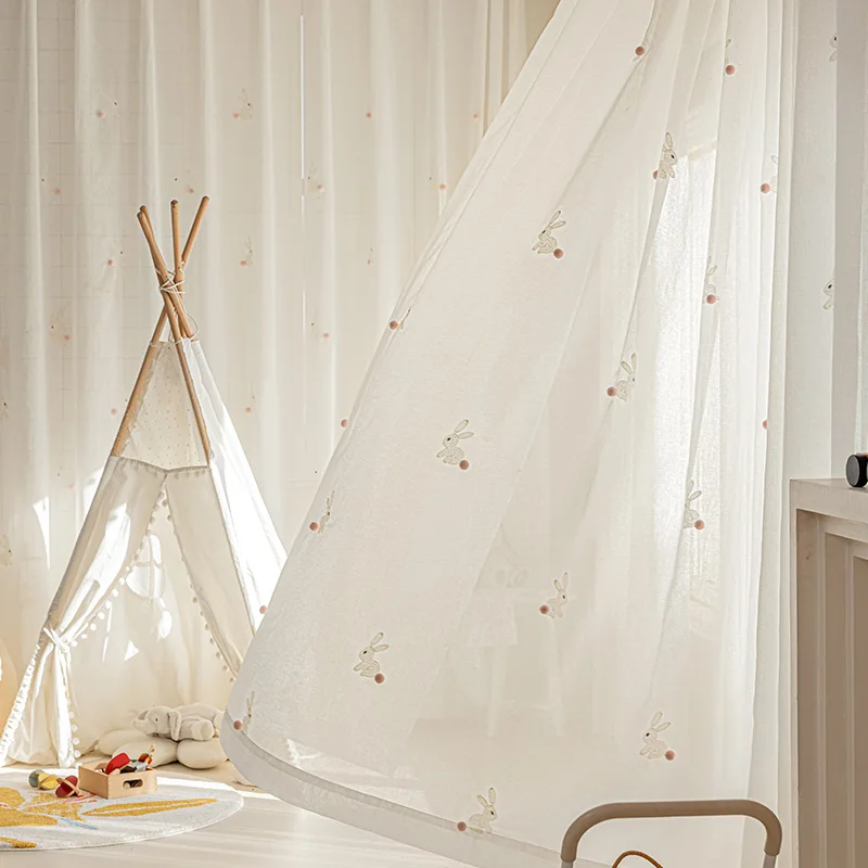 الفراء الكرة أرنب الستائر لغرفة المعيشة الأطفال القطن الكتان ضوء شفاف غرفة نوم تعتيم الحرارية معزول مخصص