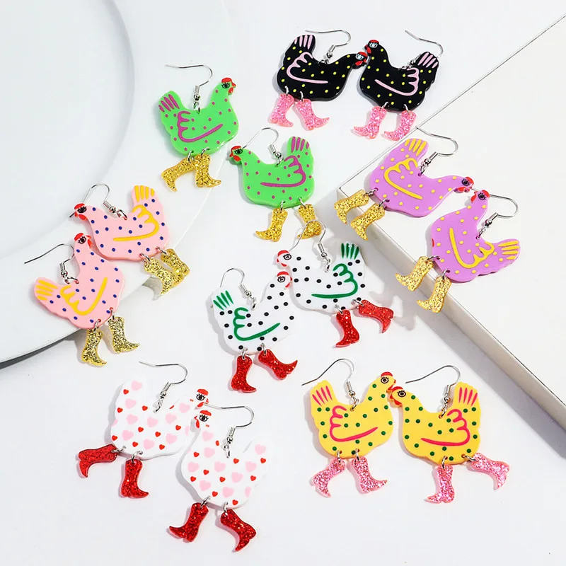 Funny Acrylic High Heels Hen Dots Pendant Earrings for Women Girls Cartoon Animal Printing Chicken Drop Earrings Jewelry Gifts