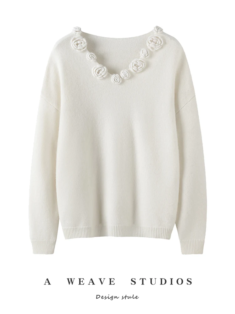 ADDONEE Luxury Women's 100% Cashmere Sweater Flower Twist Collar V-neck Pullover Autumn Winter Grace Cashmere Knitwear Tops