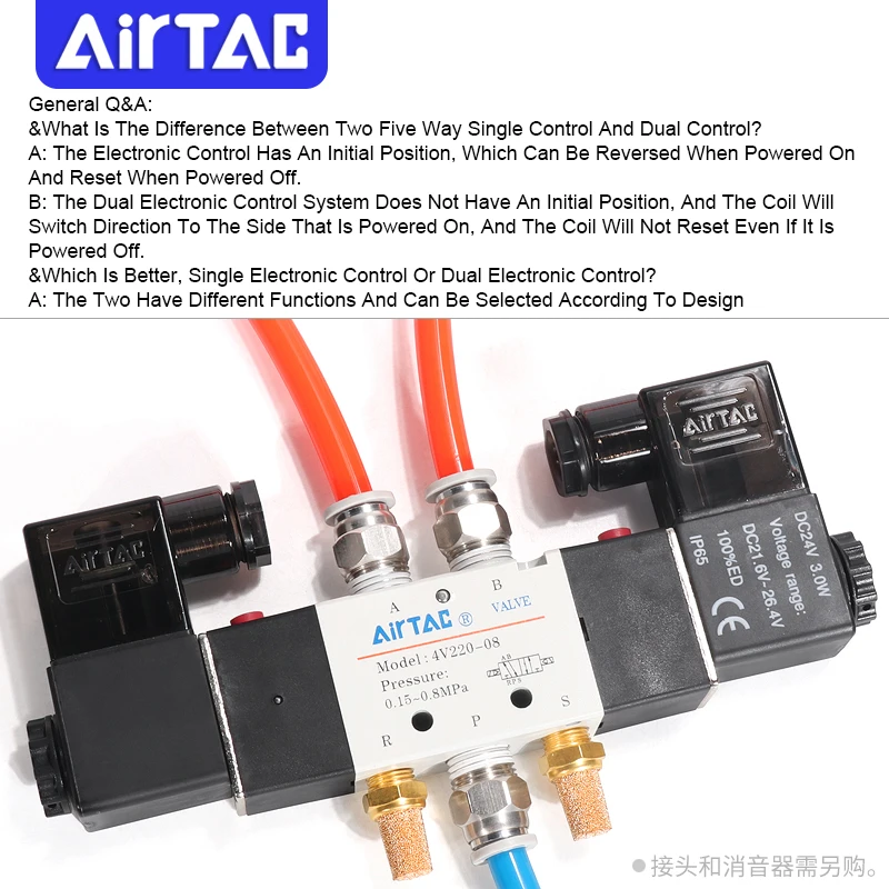 AirTAC 4V120-06 4V220-08 4V320-10 4v420-15 Air Pneumaitc Solenoid Valve  Position Five Way Reversing Valve 12V 24V 110V 220V