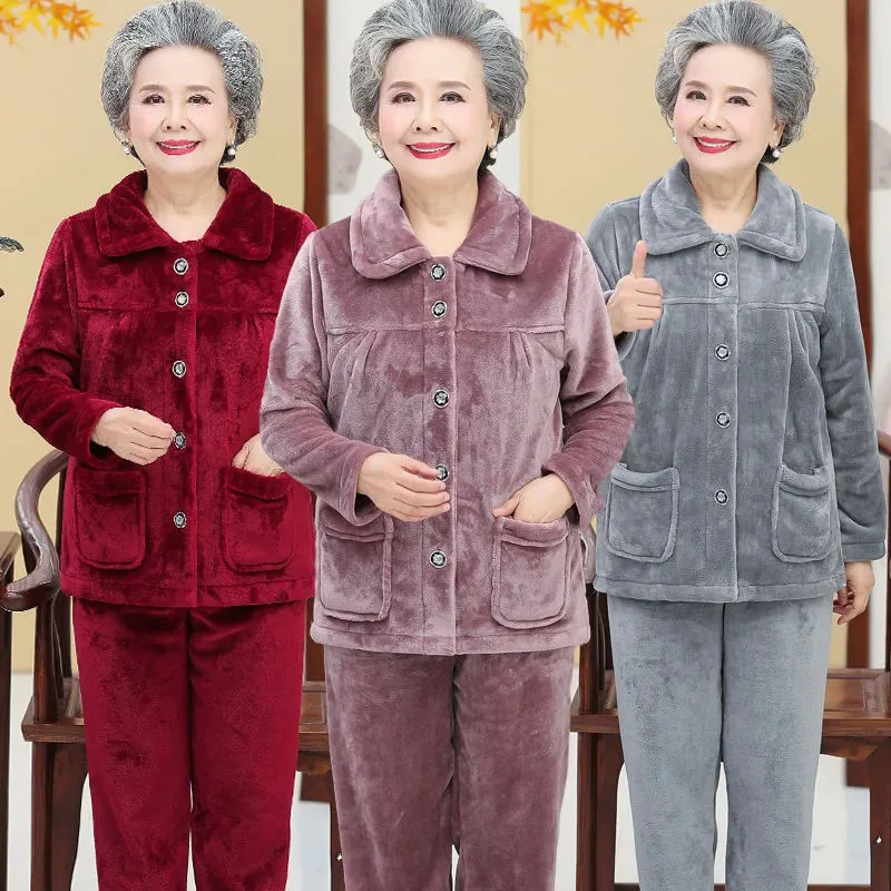 New Middle-aged Womens Pajamas Thick With Velvet Autumn Winter Warm Pajamas Flannel Home Wear Female Trousers Two-Piece Sets 4XL