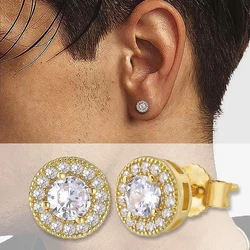 Hip Pop Rock Earrings for Men Simple Round Classic Cubic Zirconia Gold Color Minimalist Ear Rings Retro Jewelry Male Gift OHE149