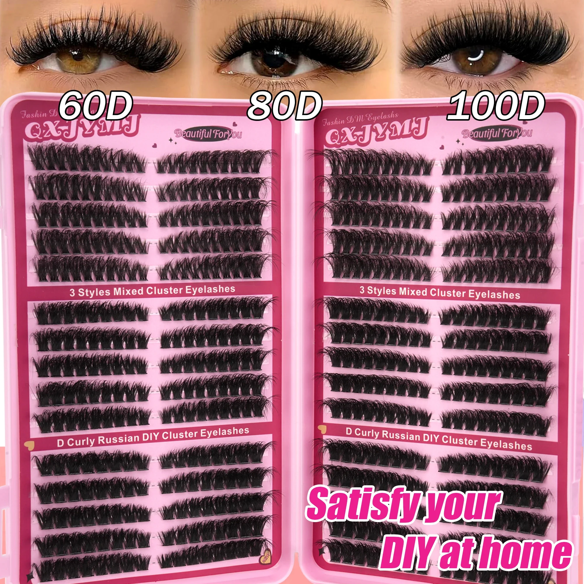 540 Pcs Russian Cluster False Eyelashes D Curl 60D 80D 100D Mixed Length 3 Styles Fluffy DIY Eyelash Extensions for Eye Makeup
