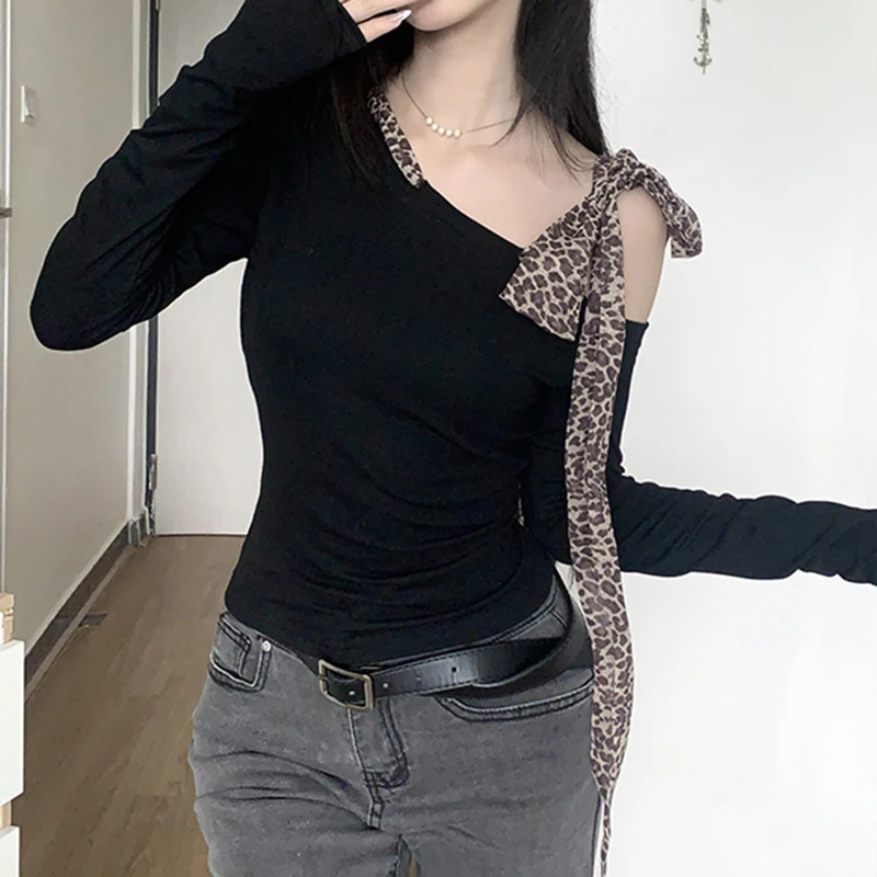 CIBBAR y2k Leopard Print Bow Bandage Crop Top Black Knitted Off-shoulder Long Sleeve T-shirts Women Casual Slim-fitting Tee Fall