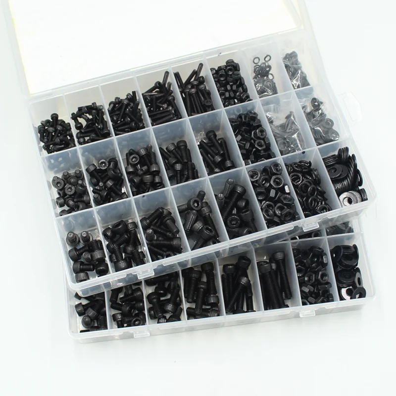 Black Hex Screw Assortment Kit M2 M2.5 M3 M4 M5 M6 DIN912 12.9 Grade Hexagon Socket Head Cap Metric Allen Nuts Bolts and Washers