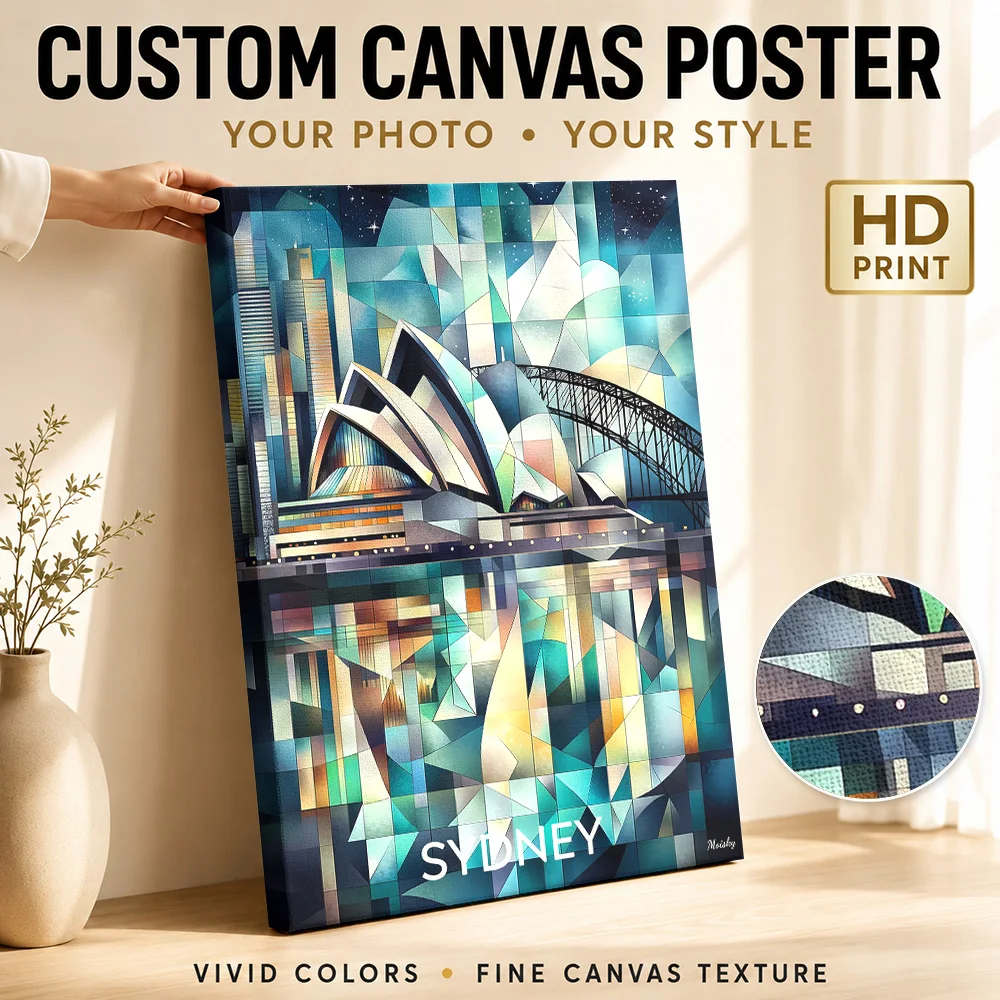 Cubist Sydney Skyline with Opera House Canvas Poster Personalized Photo Travel Landscape Wall Paintings Decoration for Bedroom