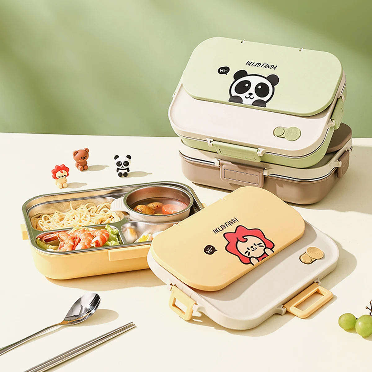 Großes, unterteiltes Lunchbox-Set für Kinder und Schüler, versiegelte Bento-Lunchbox aus Edelstahl 304 mit Schüssel und Besteck, 6-teilig