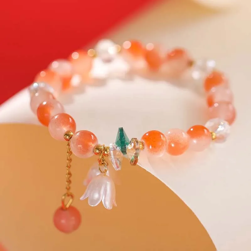 Korean Colorful Lily Valley Flower Bracelets for Women Fashion Sweet Crystal Bead Elastic Bracelet Wedding Birthday Jewelry