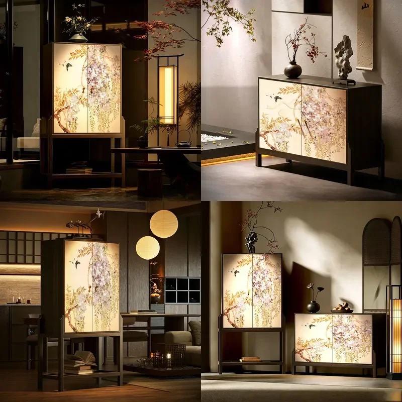 New Chinese Solid Wood Storage Cabinet Wisteria Bird Motif Entryway Console Dining Sideboard Living Room Combo Furniture