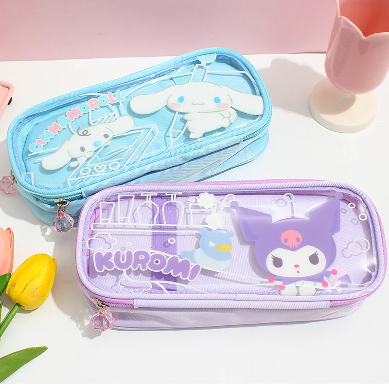 

Sanrio Pencil Case Kuromi Pupils Girl Stationery Box Kawaii Hello Kitty Transparent High Capacity Storage Bag Cinnamoroll Gift