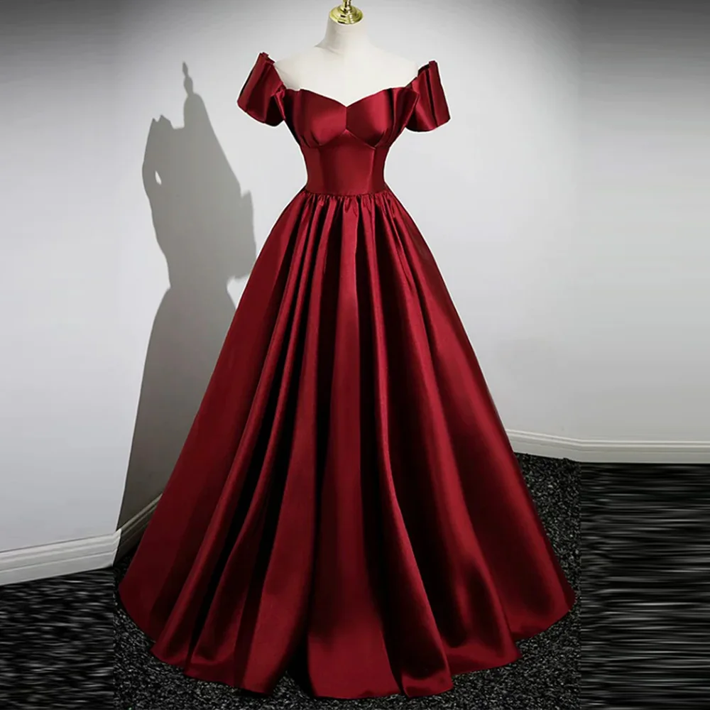 

Customized Burgundy Off the Shoulder Evening Dress Formal A-Line Short Sleeves Satin Celebrity Gowns High Quality Party Dress