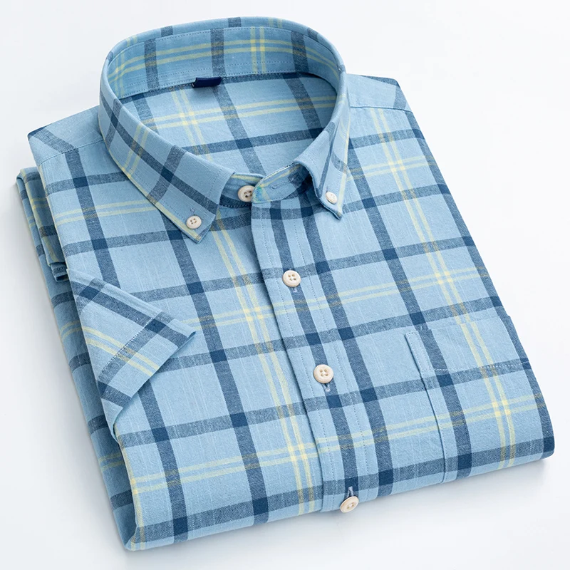 Linen cotton summer plaid short sleeve shirts for man slim fit formal plain shirt casual striped tops designer office clothes