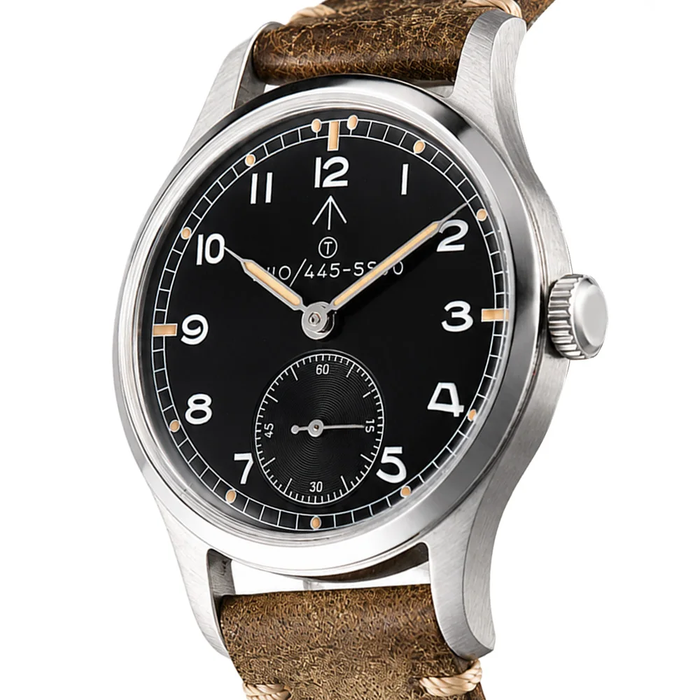 HRUODLAND Military Quartz Watch for Men BGW9 & C3 Lume Domed Crystal Arabic Numeral Dial 50M Waterproof Leather Strap