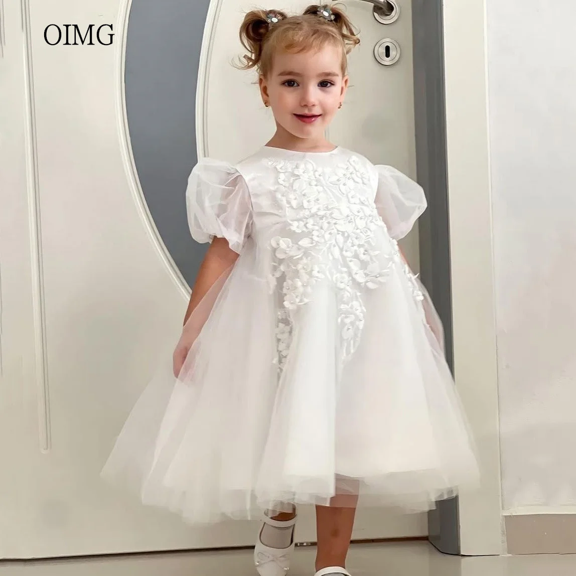 

OIMG Pastrol Ivory A Line Flower Girl Dresses Appliques Lantern Sleeves Gown Wedding Party Dress Tulle Birthday Dress Customized