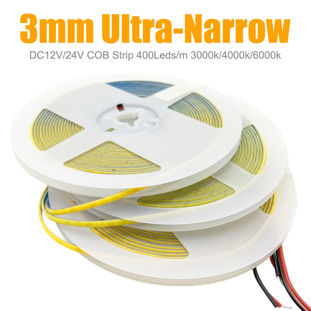 3mm Ultra Narrow COB LED Strip Light DC12V 24V 400LEDs/M High Density Flexible Linear Lighting 3000K 4000K 6000K IP30 Decoration