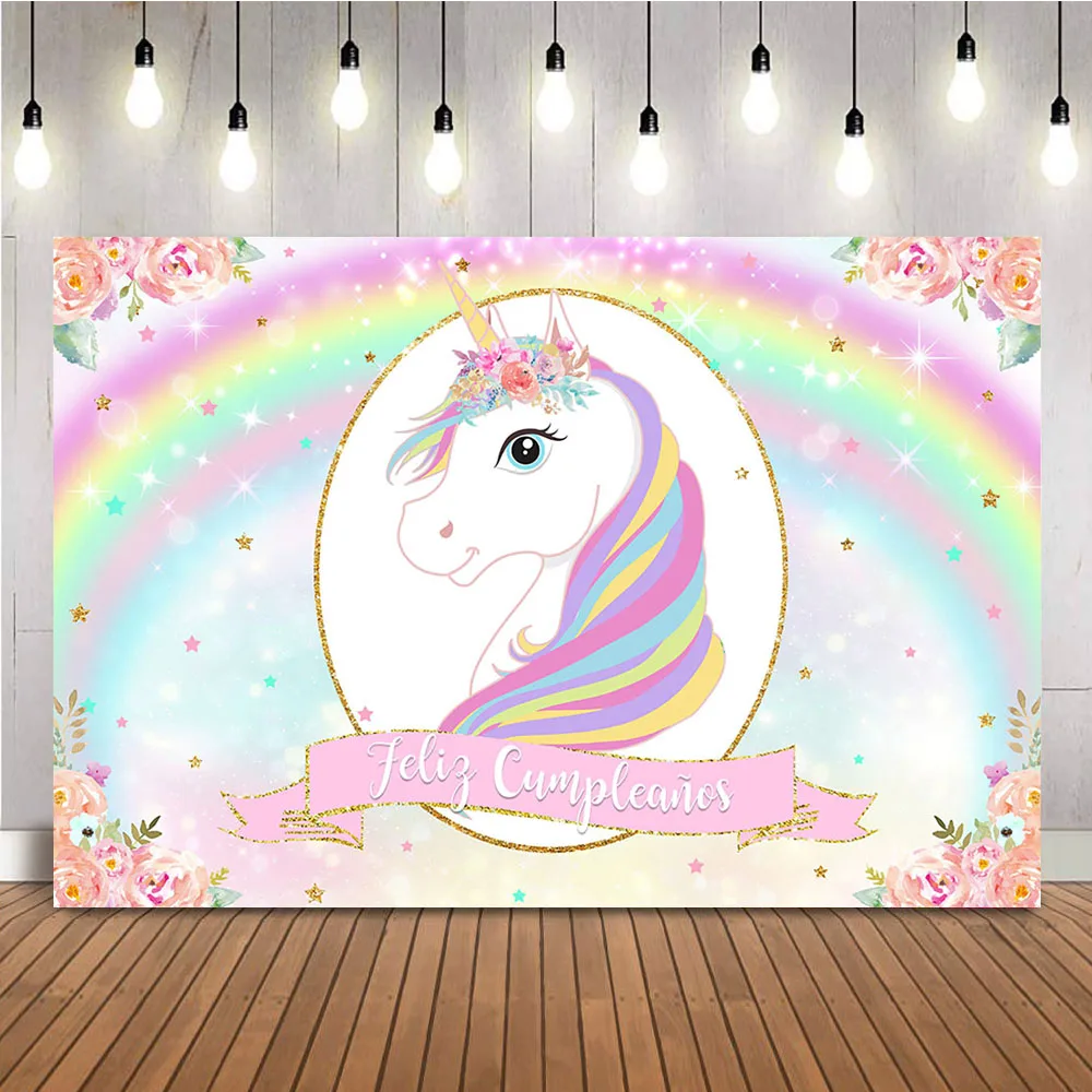 Unicorn Rainbow Birthday Backdrop Pink Flowers Newborn Girls Photo Booth background Feliz Cumpleaños Little Stars Photocall