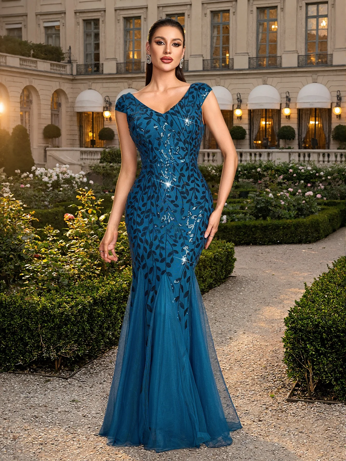 

Новое вечернее платье с V-образным вырезом, блестящей кружевной вышивкой, силуэт русалки, для дня рождения, свадьбы, танцев и торжеств