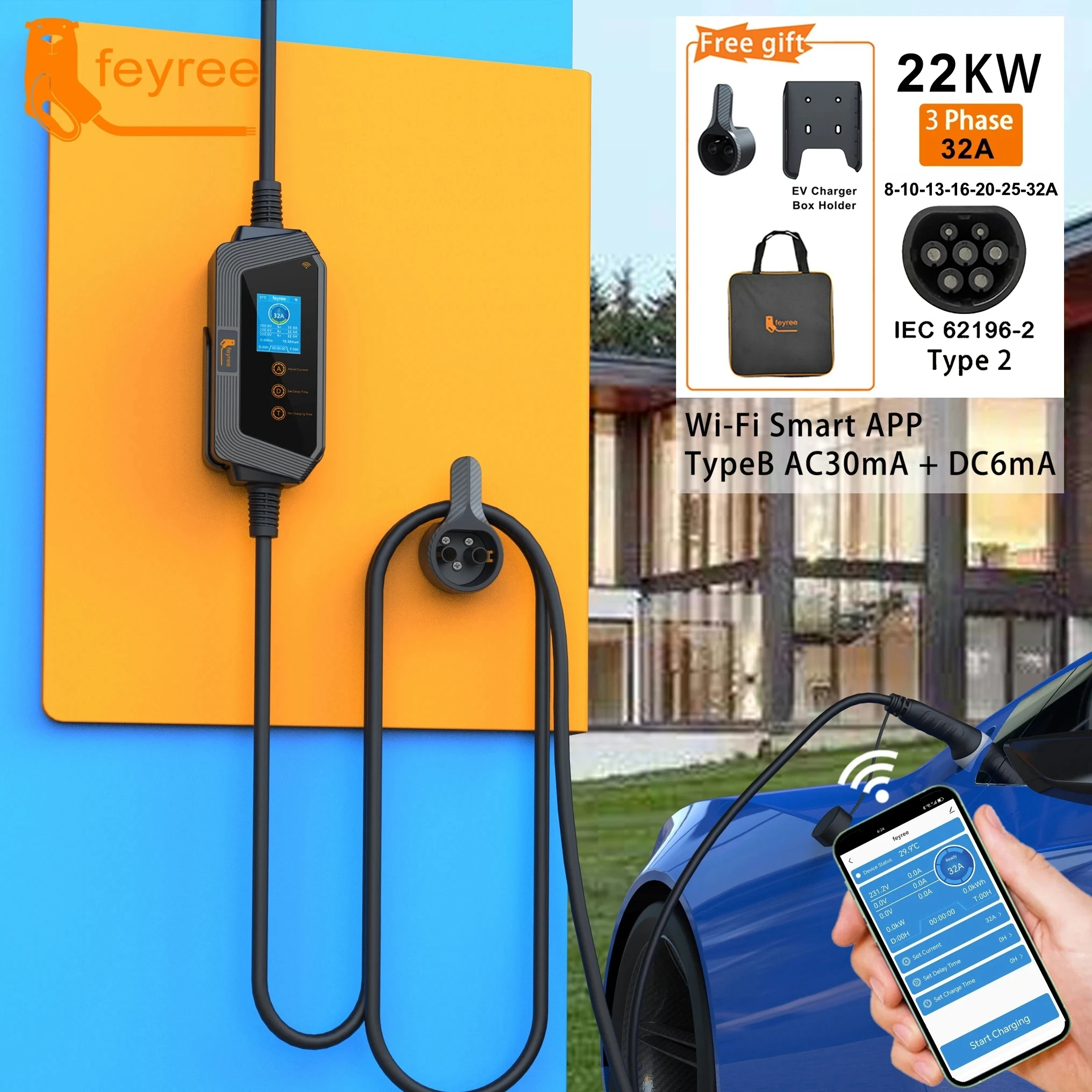 Feyree 22KW 32A 3-Phasen Typ2 Tragbares EV-Ladegerät mit WLAN-App-Steuerung EVSE-Ladebox Ladestation für Elektroauto-Ladegerät – Detail 4