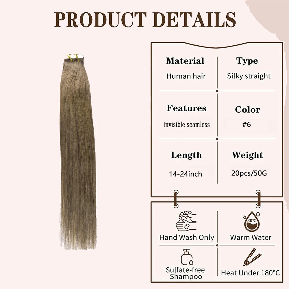 Tape In Human Hair Extensions 100% Natural Remy Real Human Hair 14-24Inch 50g Straight Seamless Skin Weft For Women Light Brown