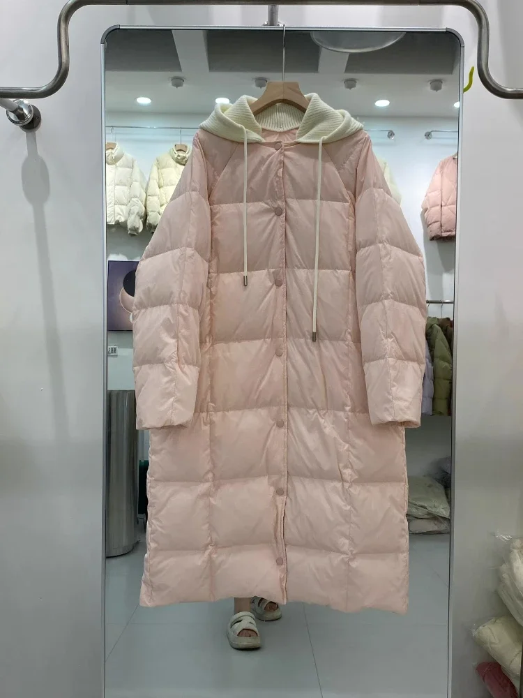 

Korean Knitted Hat Down Jacket Winter Fashion Commuter Mid-Length Loose Slimming Lightweight Casual White Duck Puffer Coat Women