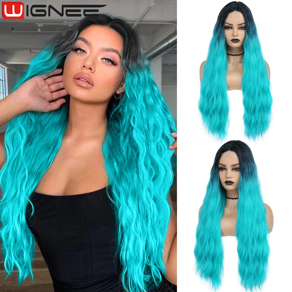 WIGNEE 28inch Long Wavy Wigs for Women Natural Looking Synthetic Teal Hair Middle Part Heat Resistant Long Wig for Daily Party