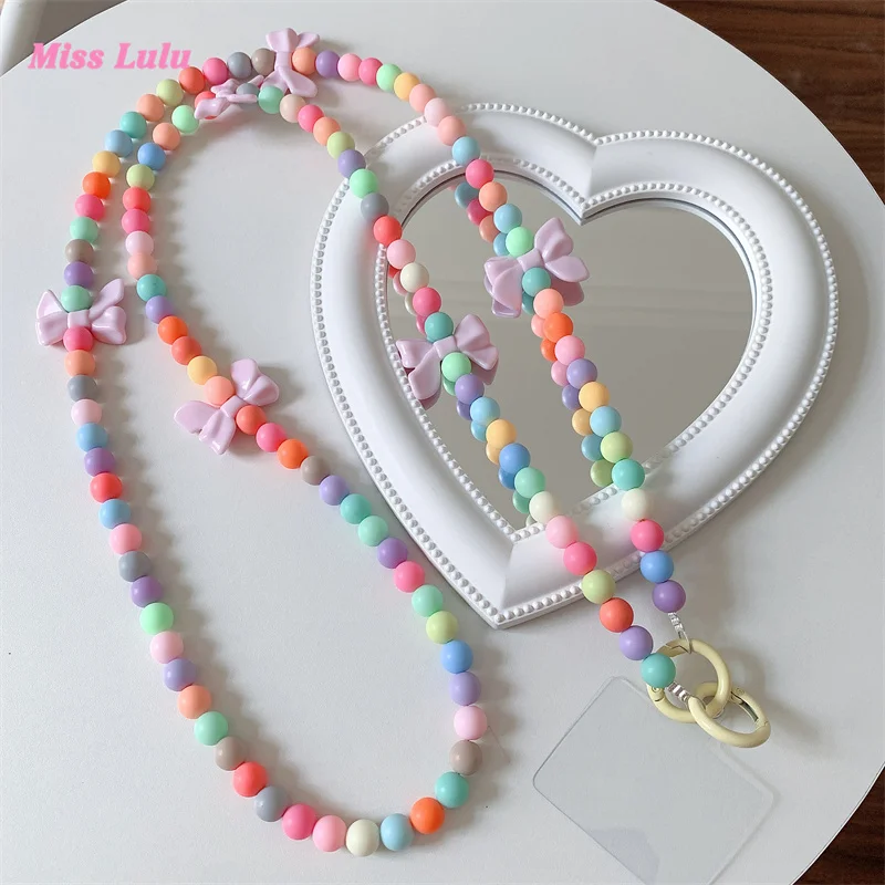 Cute Heart Love Beads Hanging Long Chain Phone Strap Colorful Bowknot Lanyard Woman Girl Bag Camera Pendant for Airpods Cases