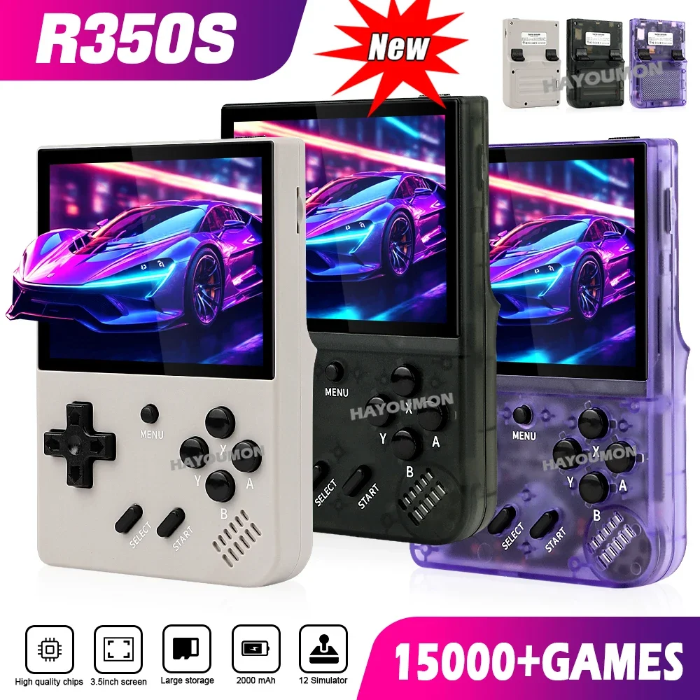 

NEW R350S Retro Handheld Game Console 3.5'' IPS Screen Portable Pocket Video Game Player Gray White/Transparent Black/TRN Purple