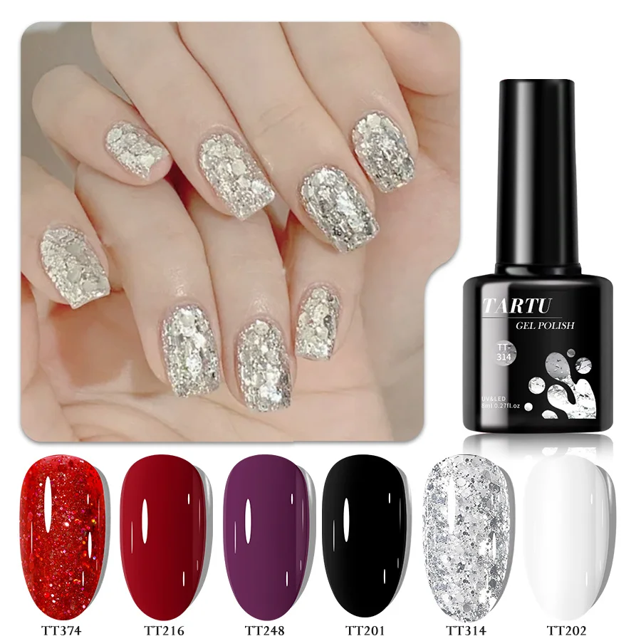 

Набор 6-цветных полупостоянных ледяных прозрачных блестящих гелевых лаков для ногтей с серебристо-красными, розовыми, белыми цветами телесного цвета. Влагостойкий, УФ/светодиод