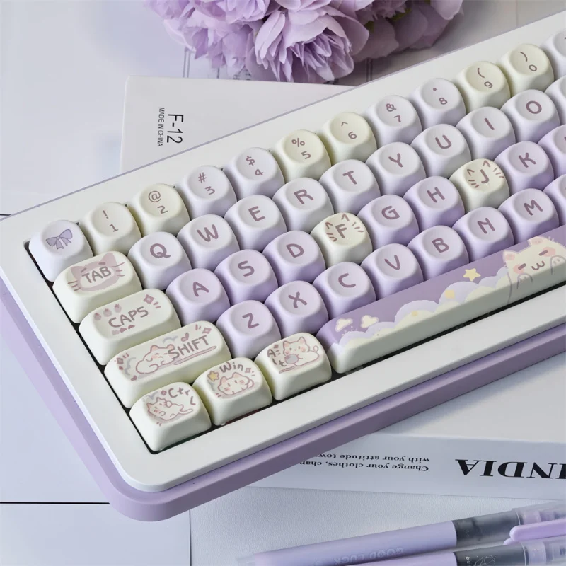 Purple Cat Keycaps Set 132 Keys MOA Profile Dye-Sublimation Key Caps Set For 60% 65% 75% 80% 96% 100% Layout Mechanical Keyboard
