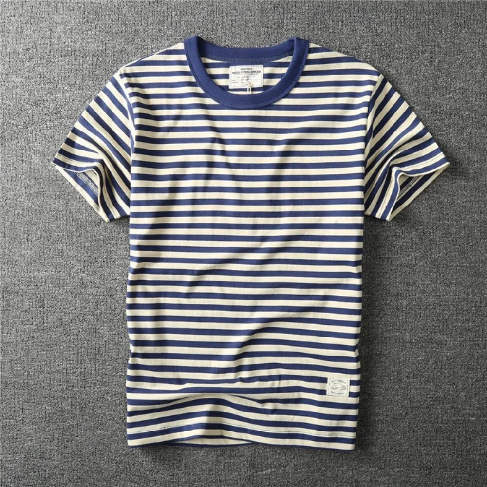 

Summer new fashion men retro couple sea shirt T-shirt cotton short sleeve striped T