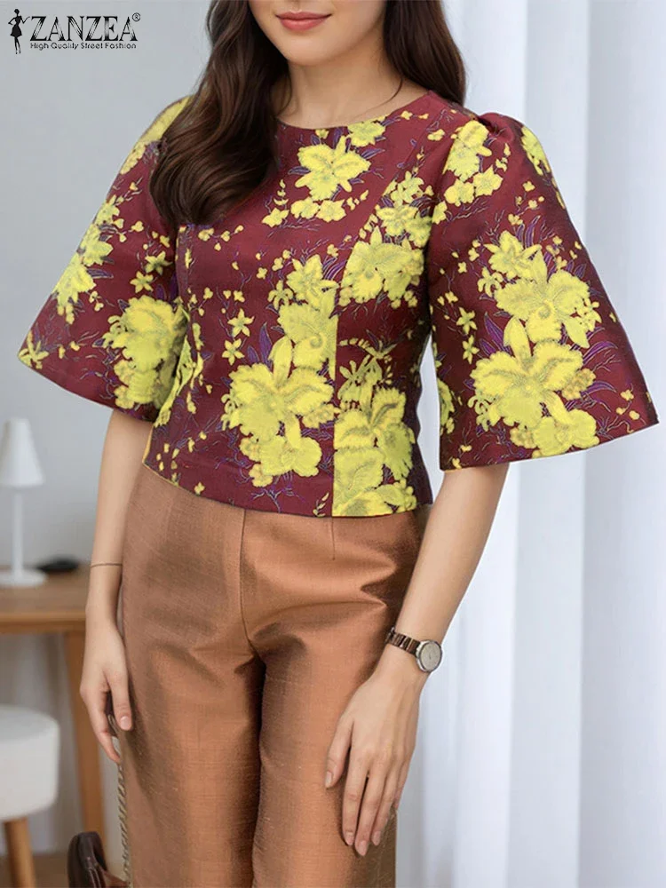 

ZANZEA Elegant Satin Blouse Women Fashion Floral Printed Shirts 2025 Vintage Casual Flare Sleeve Tunic Tops Bohemian Blusas
