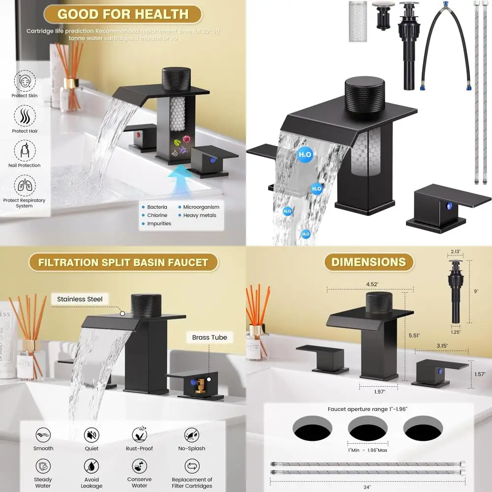 

8 Widespread 3-Hole Waterfall Faucet with Filter & Pop-Up Drain for Bathroom Vanity and Sinks
